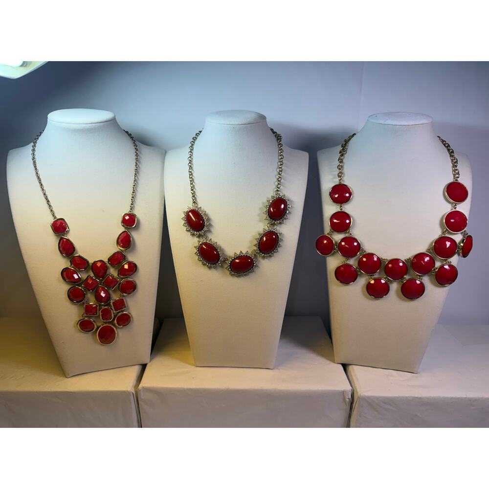 3 holiday red statement bib flower floral bling enamel necklaces bundle lot